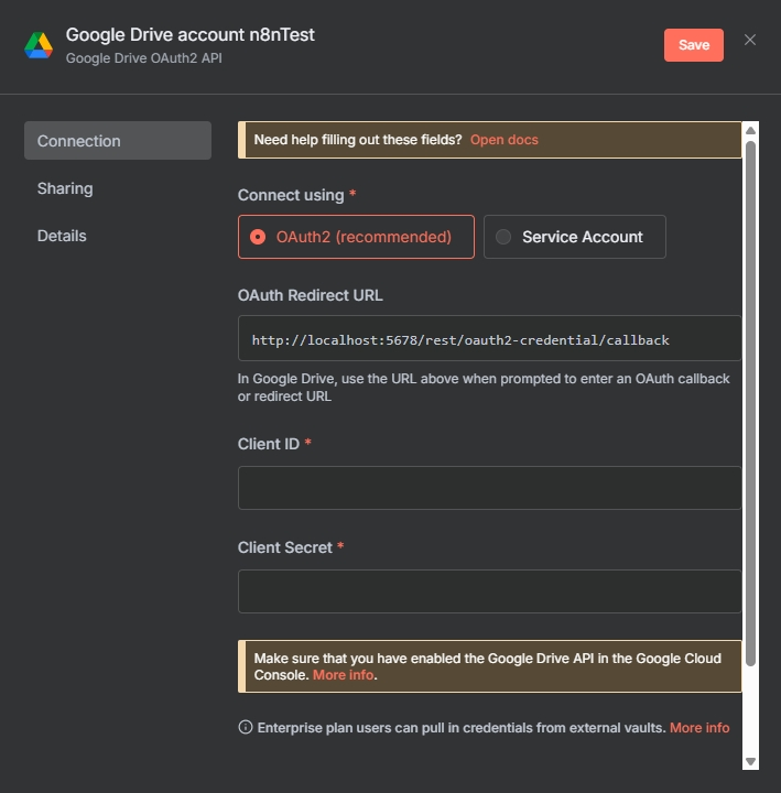 如何在 n8n 建立 Google Drive 雲端硬碟連線操作畫面