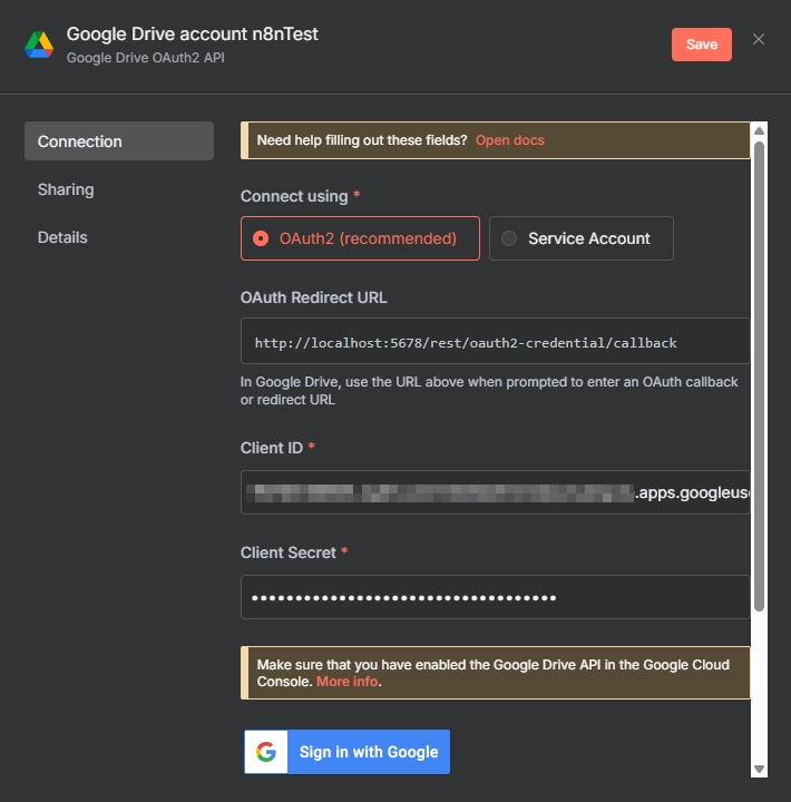 如何在 n8n 建立 Google Drive 雲端硬碟連線操作畫面